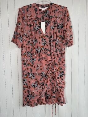 Veronica Beard size 12 Dakota dress pink floral silk v-neck ruched short NEW